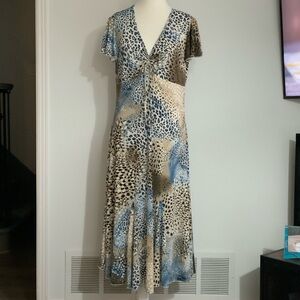 Blue and Cream Animal Print V-Neck Maxi Dress